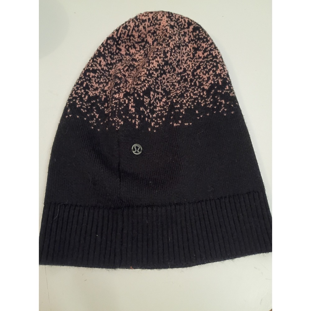 Lululemon Black Pink Merino Wool Knit Beanie Hat One Size Ribbed Cuff Logo